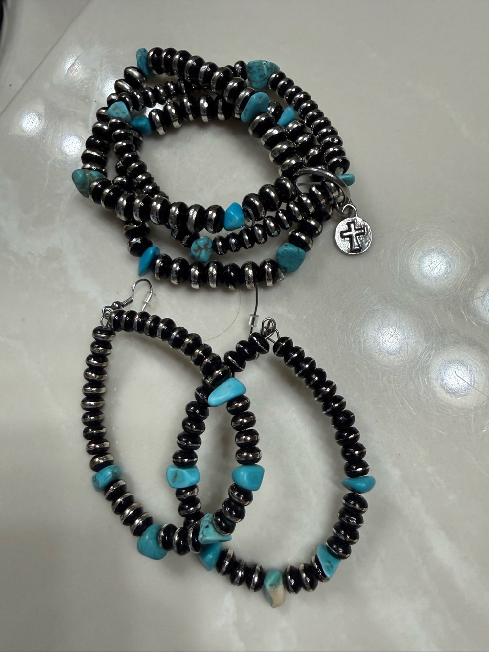 West Co Turquoise Accent Black Beaded 3 Bracelet and Earring Set